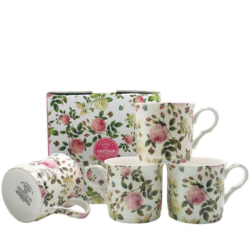 Heritage Butterfly Rose Floral Set of 4 Mugs Fine Bone China Cups