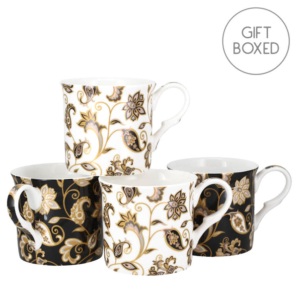 Heritage Jacobean Gold Floral Mug Set of 4 Fine Bone China Coffee Cups