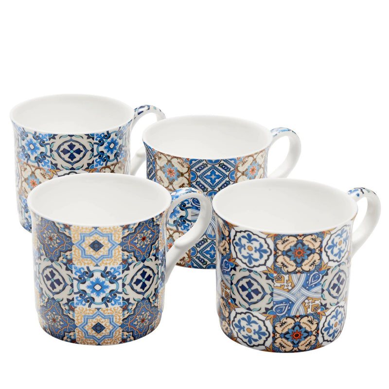 Heritage Azulejo Tiles Gold Mug Set of 4 Fine Bone China Coffee Cups