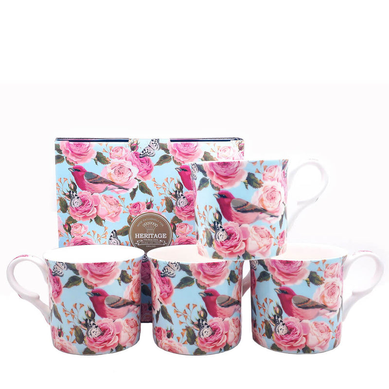 Heritage Pink Birds and Roses Mug Set of 4 Fine Bone China Coffee Cups