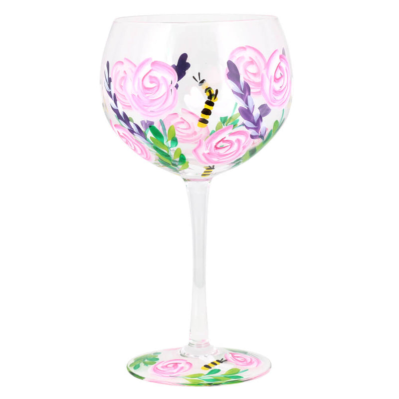 Hand Painted Gin Glass Lynsey Johnstone Bees Pink Roses Balloon Glass