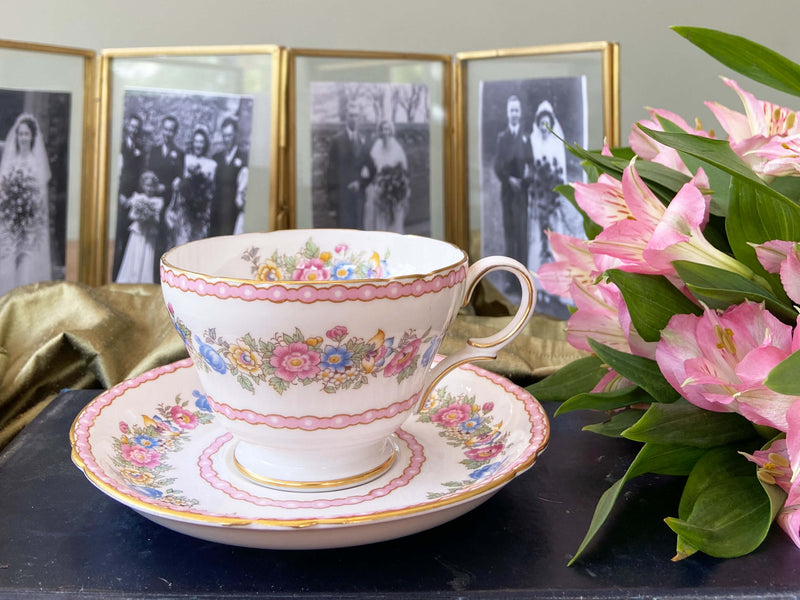 Vintage Shelley Teacup and Saucer Set Pompadour 13516 Pink Florals